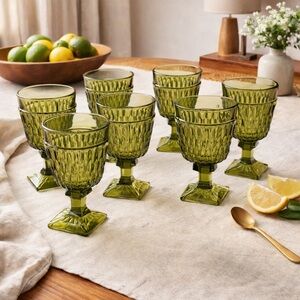 Indiana Glass “Park Lane” Olive Goblet Set of 6 + Bonus • Mid-Century treasures